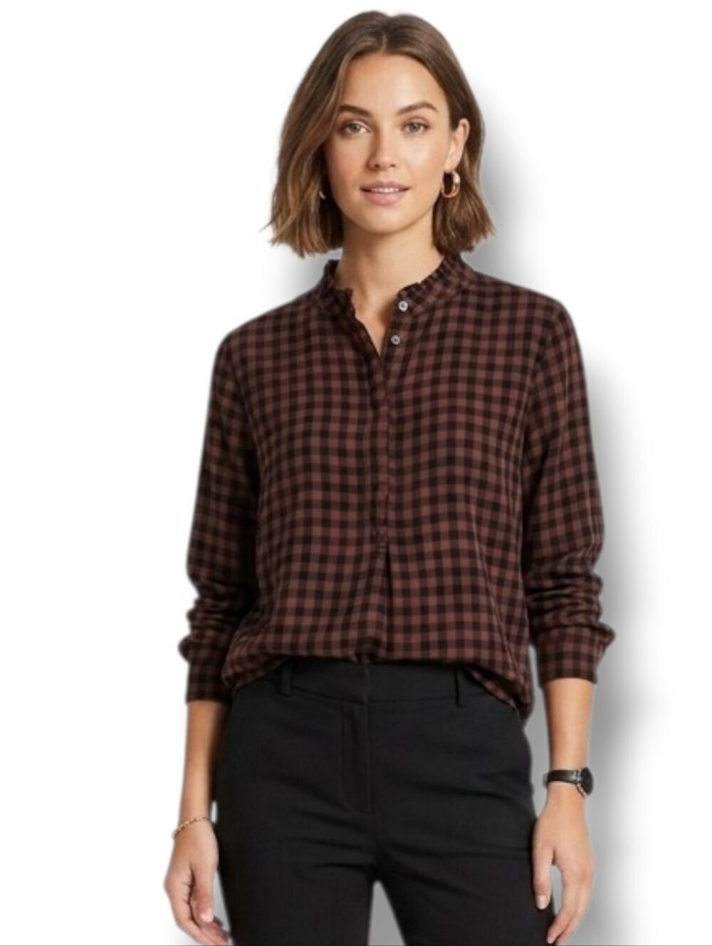 BeachLunchLounge Women’s Brown & Black Plaid Button-Front Blouse – Size Small